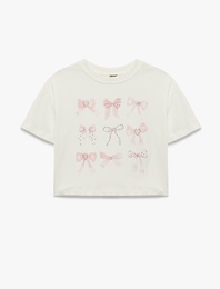 Taş Detaylı Kısa Kollu Bisiklet Yaka Pamuklu Fiyonk Baskılı Tişört