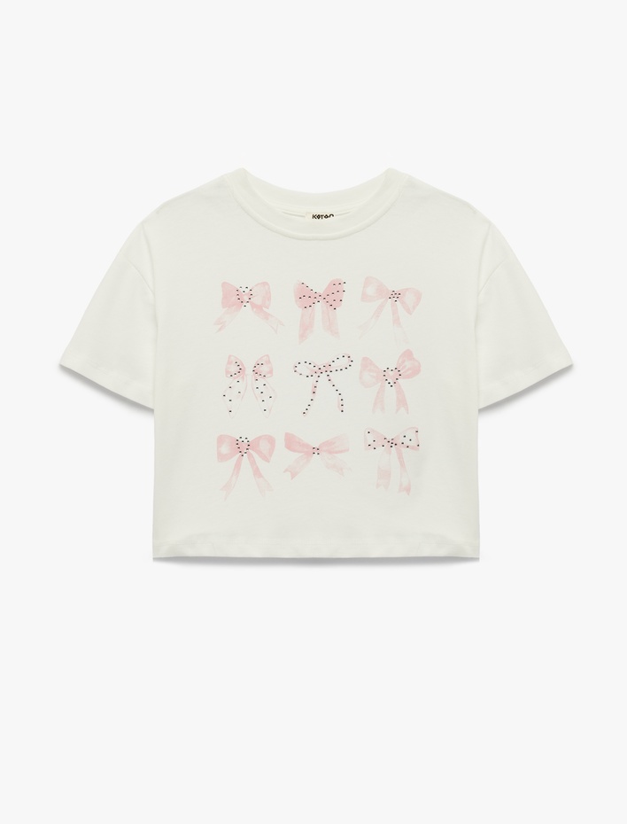 Kız Çocuk Taş Detaylı Kısa Kollu Bisiklet Yaka Pamuklu Fiyonk Baskılı Tişört