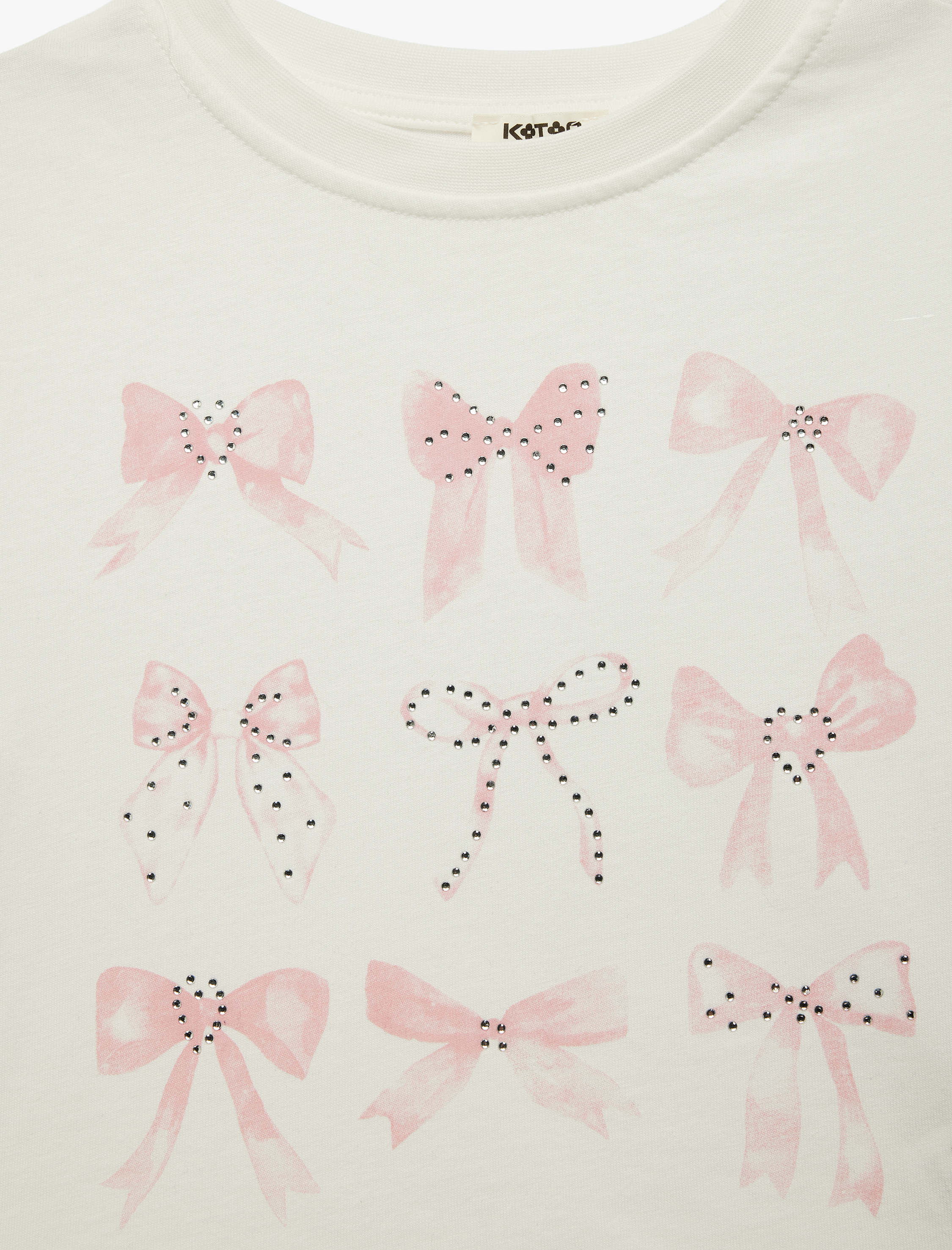  Kız Çocuk Taş Detaylı Kısa Kollu Bisiklet Yaka Pamuklu Fiyonk Baskılı Tişört