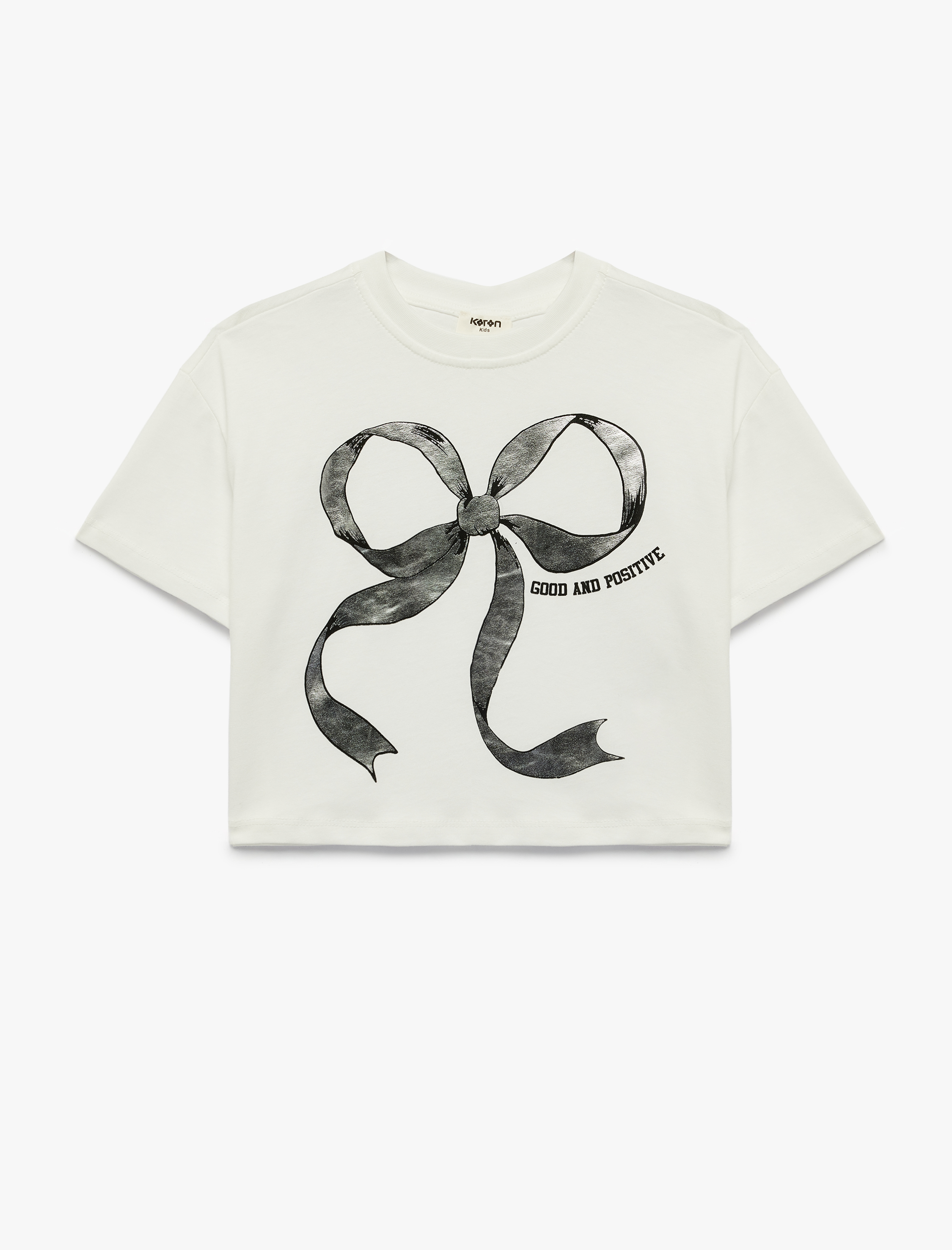  Kız Çocuk Pamuklu Kısa Kollu Bisiklet Yaka Fiyonk Baskılı Tişört