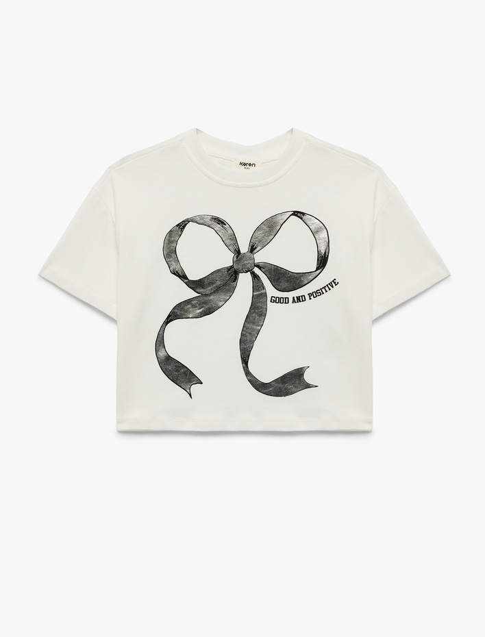 Kız Çocuk Pamuklu Kısa Kollu Bisiklet Yaka Fiyonk Baskılı Tişört