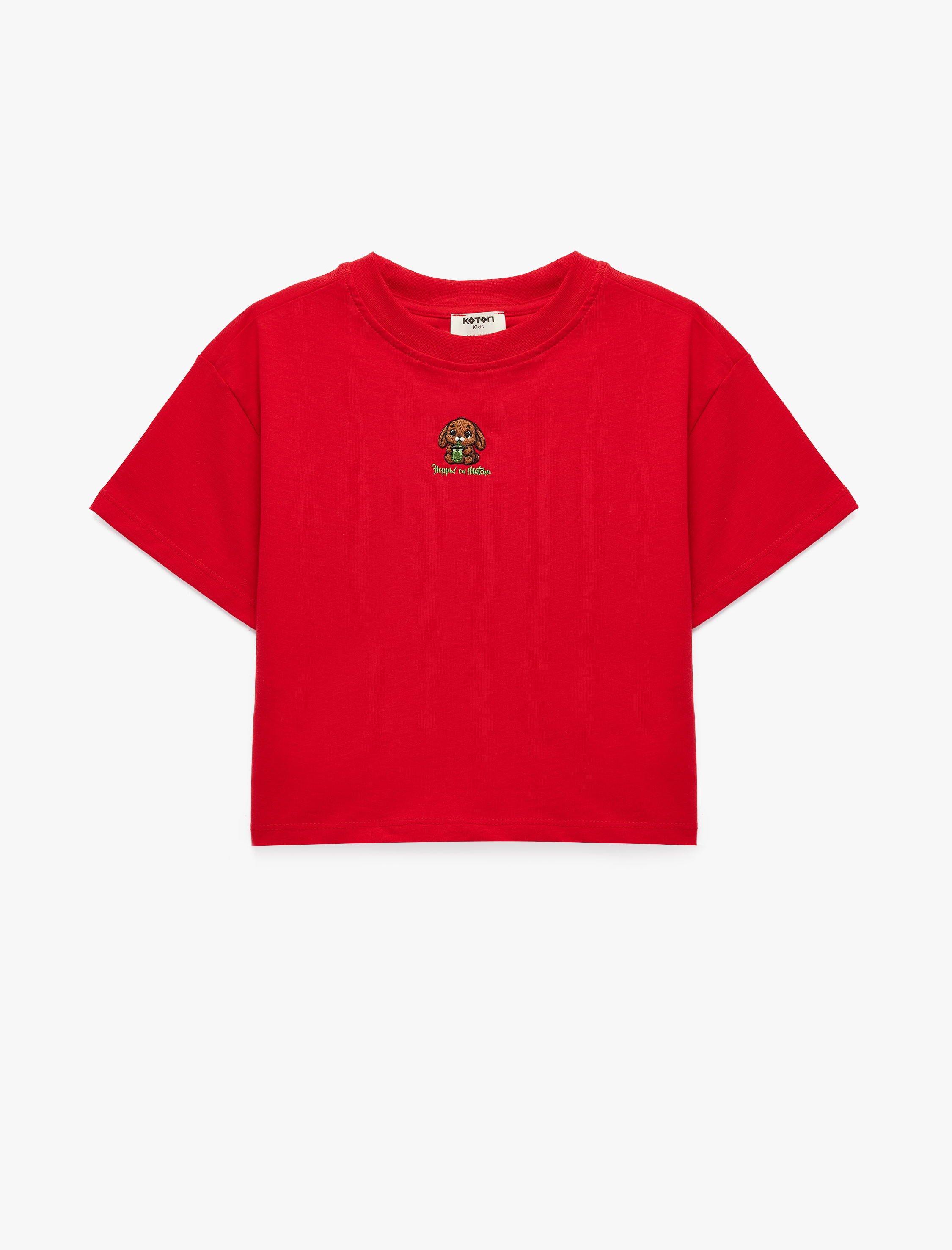  Kız Çocuk Kısa Kollu Bisiklet Yaka Pamuklu Tavşan Nakışlı Tişört