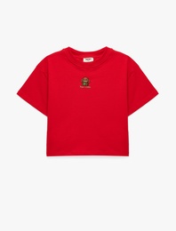 Kısa Kollu Bisiklet Yaka Pamuklu Tavşan Nakışlı Tişört