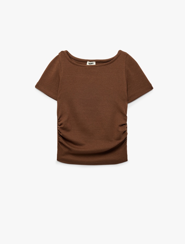 Kız Çocuk Drape Detaylı Yuvarlak Kayık Yaka Kısa Kollu Modal Tişört