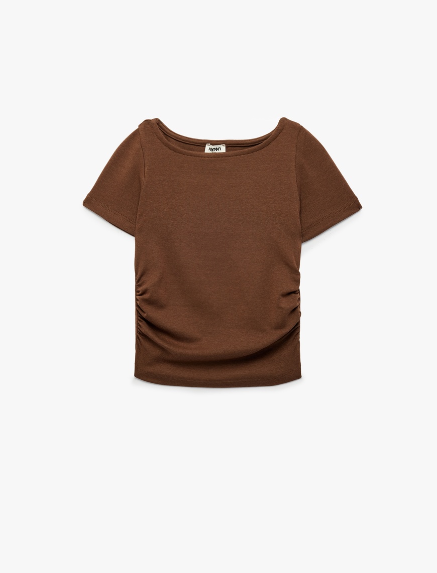 Koton Drape Detaylı Yuvarlak Kayık Yaka Kısa Kollu Modal T-Shirt