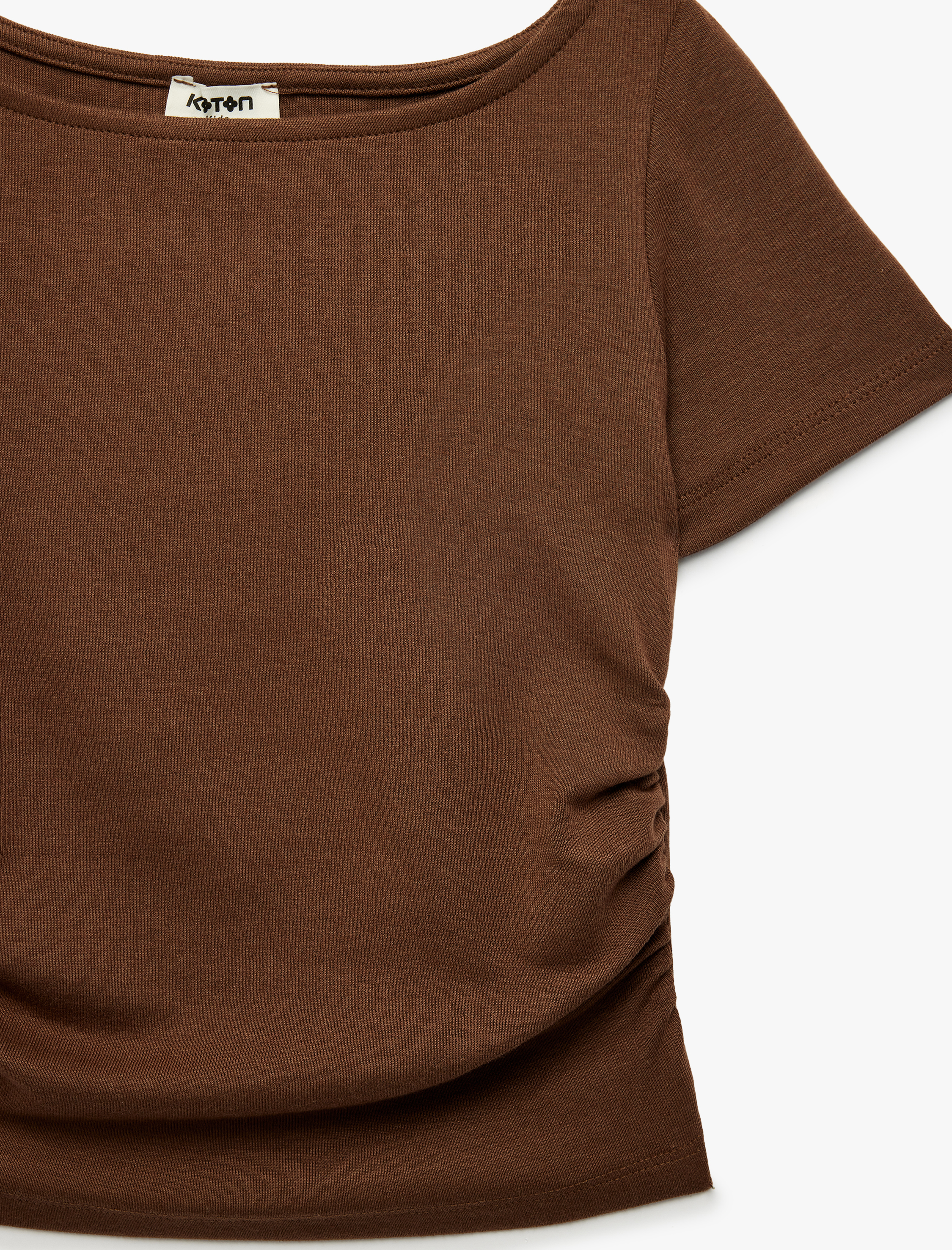  Kız Çocuk Drape Detaylı Yuvarlak Kayık Yaka Kısa Kollu Modal Tişört