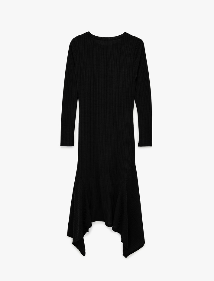  Rahat Kalıp Uzun Kollu Bisiklet Yaka Asimetrik Kesim Uzun Elbise