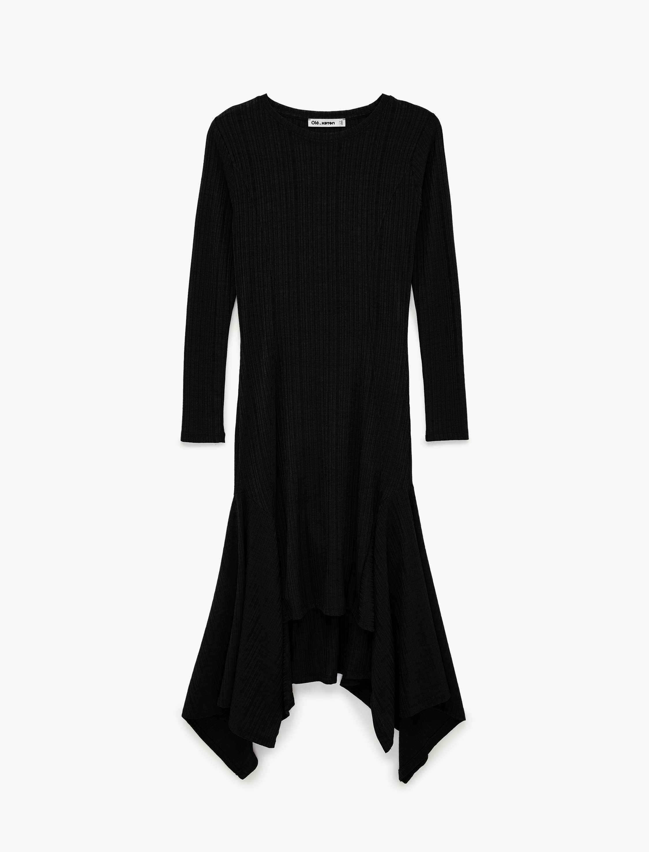   Rahat Kalıp Uzun Kollu Bisiklet Yaka Asimetrik Kesim Uzun Elbise