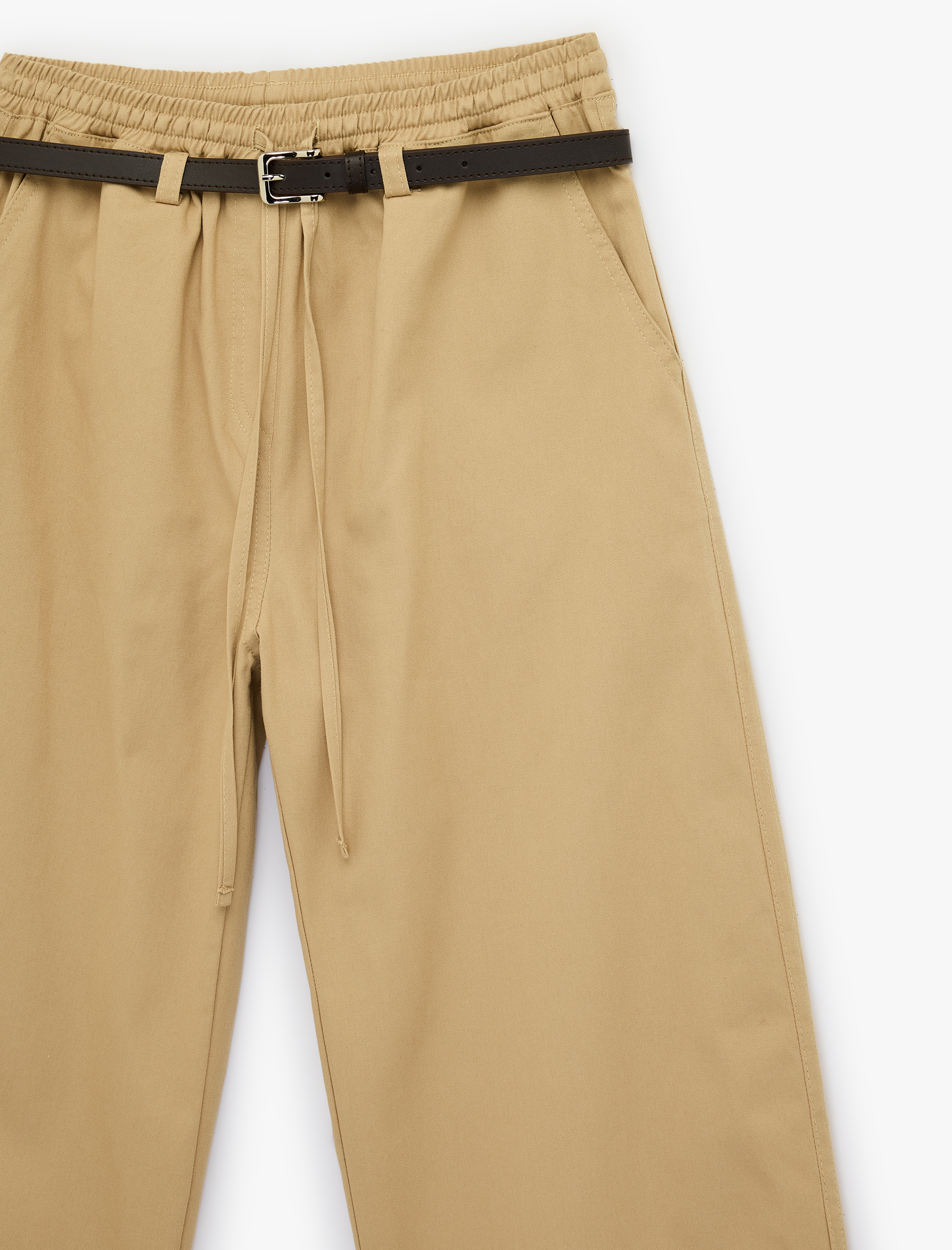   Rahat Kalıp Beli Bağcıklı Kemer Detaylı Gabardin Geniş Paça Pantolon