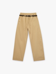 Rahat Kalıp Beli Bağcıklı Kemer Detaylı Gabardin Geniş Paça Pantolon