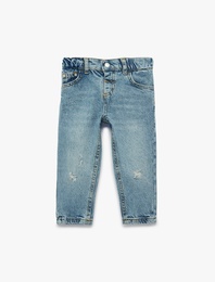 Rahat Kalıp Çıtçıtlı Paperbag Beli Lastikli Denim Pantolon