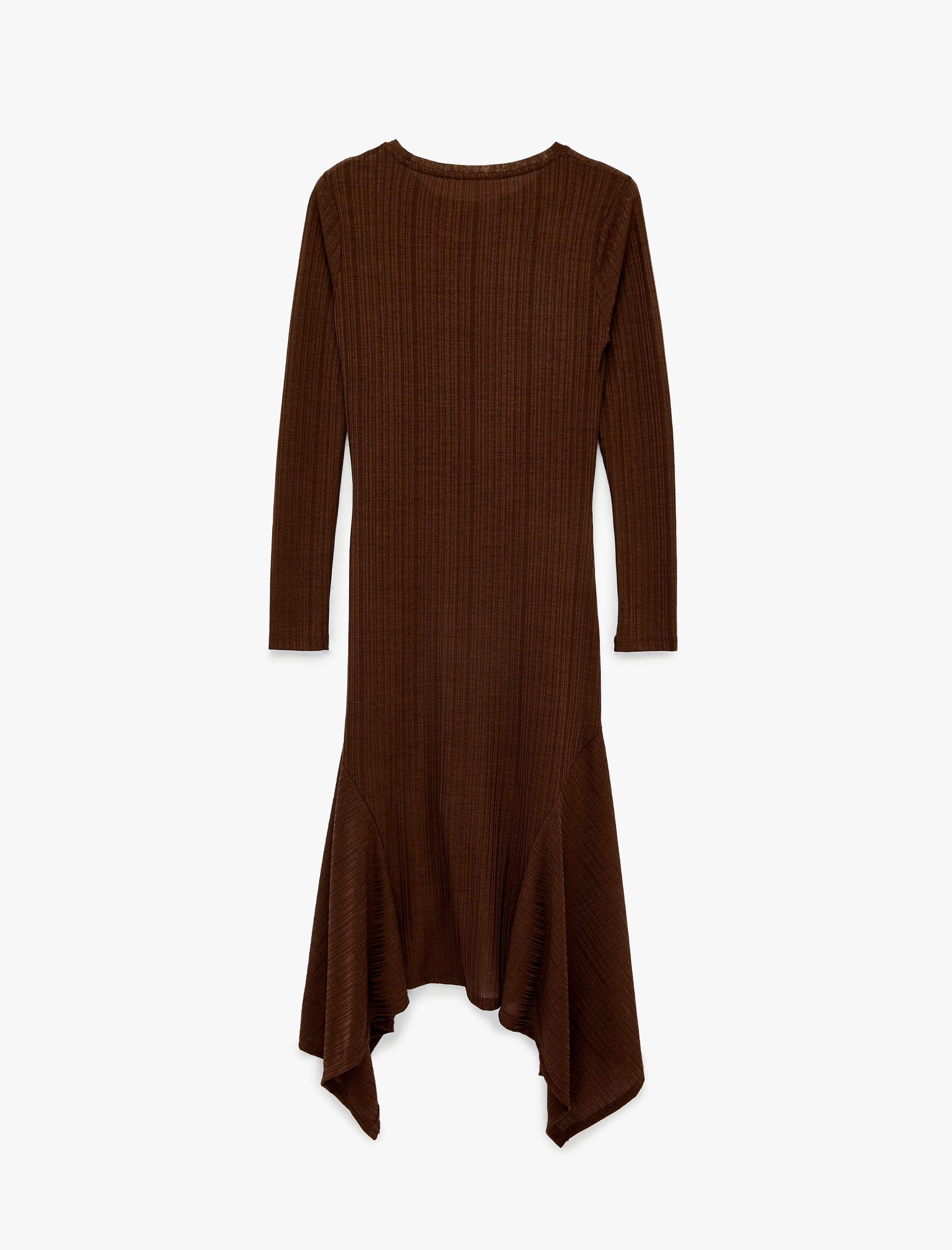   Rahat Kalıp Uzun Kollu Bisiklet Yaka Asimetrik Kesim Uzun Elbise