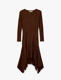 Rahat Kalıp Uzun Kollu Bisiklet Yaka Asimetrik Kesim Uzun Elbise