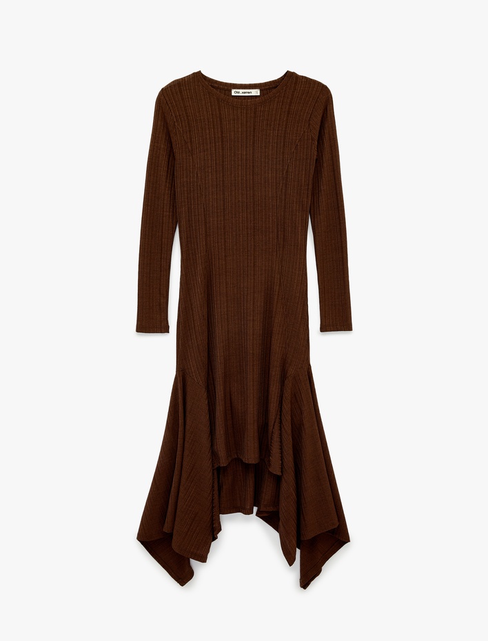  Rahat Kalıp Uzun Kollu Bisiklet Yaka Asimetrik Kesim Uzun Elbise