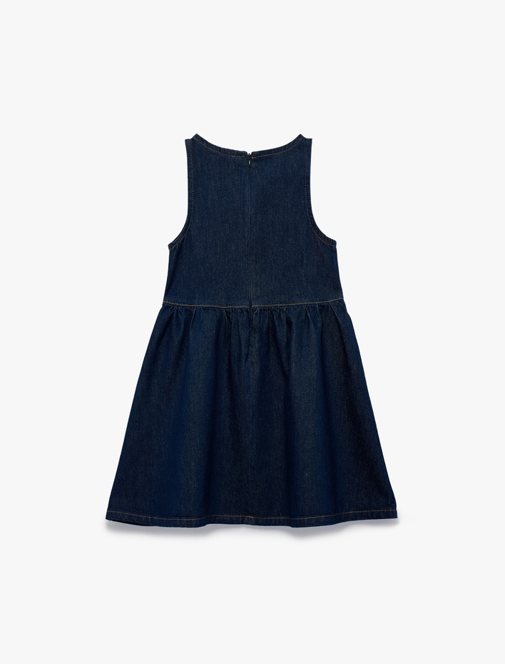 Kız Çocuk Askılı Bisiklet Yaka A Form Pamuklu Fermuarlı Bol Kalıp Denim Elbise