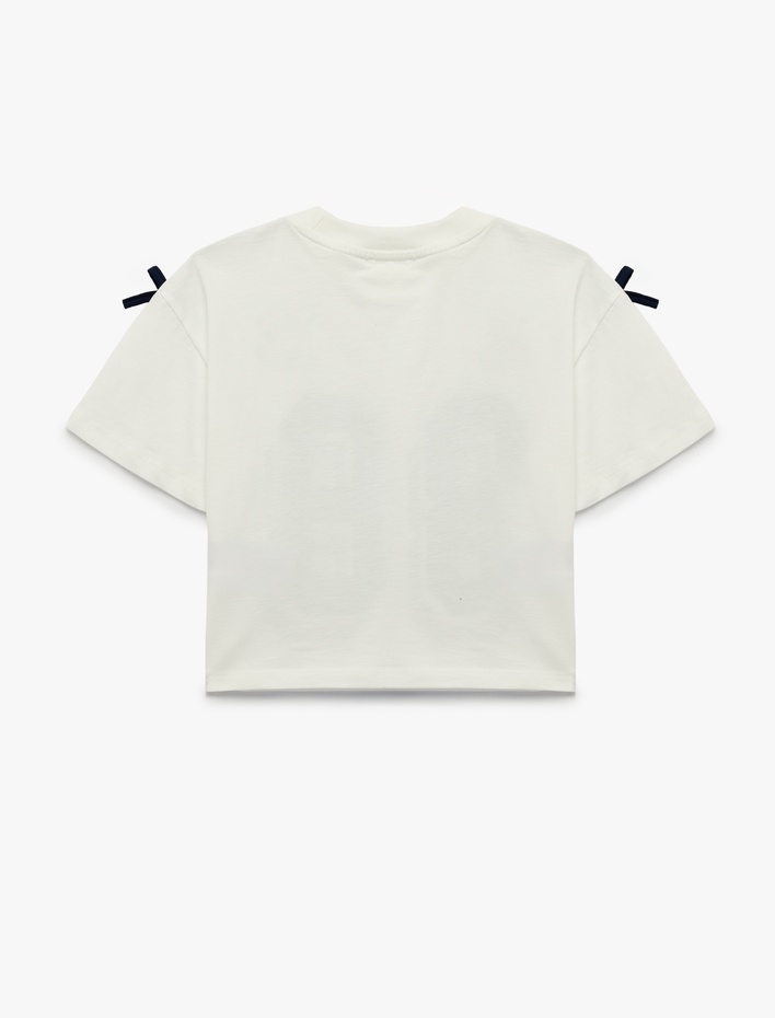 Kız Çocuk Fiyonklu Kısa Kollu Bisiklet Yaka Pamuklu Baskılı Tişört