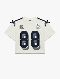 Fiyonklu Kısa Kollu Bisiklet Yaka Pamuklu Baskılı Tişört