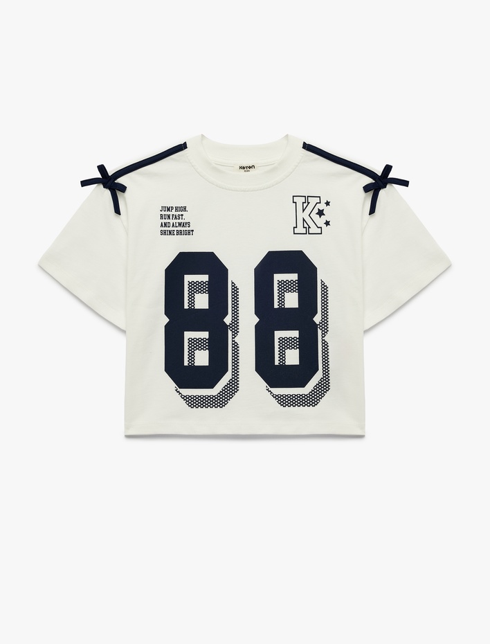 Kız Çocuk Fiyonklu Kısa Kollu Bisiklet Yaka Pamuklu Baskılı Tişört