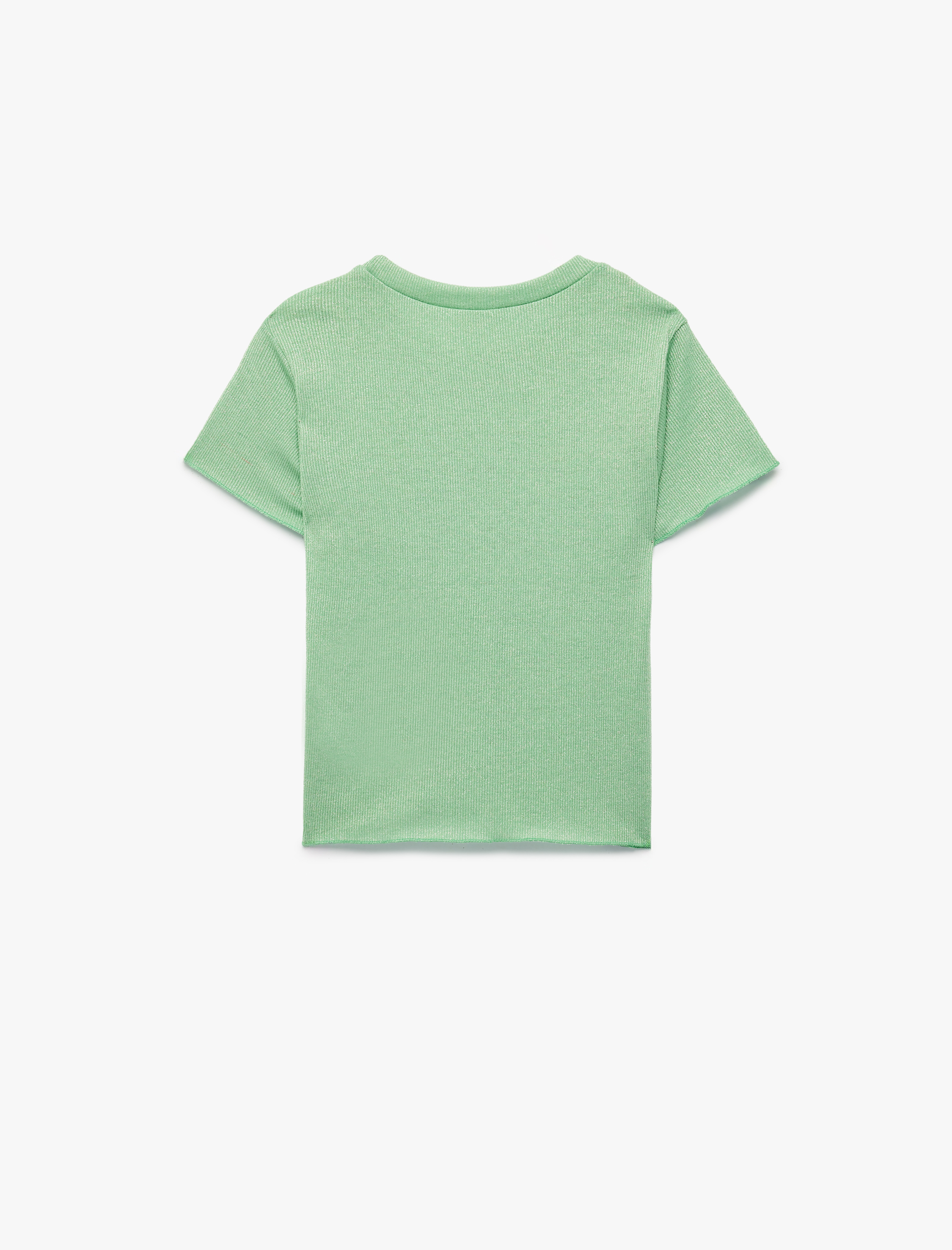  Kız Çocuk Simli Kısa Kollu Bisiklet Yaka Büzgülü Crop Tişört