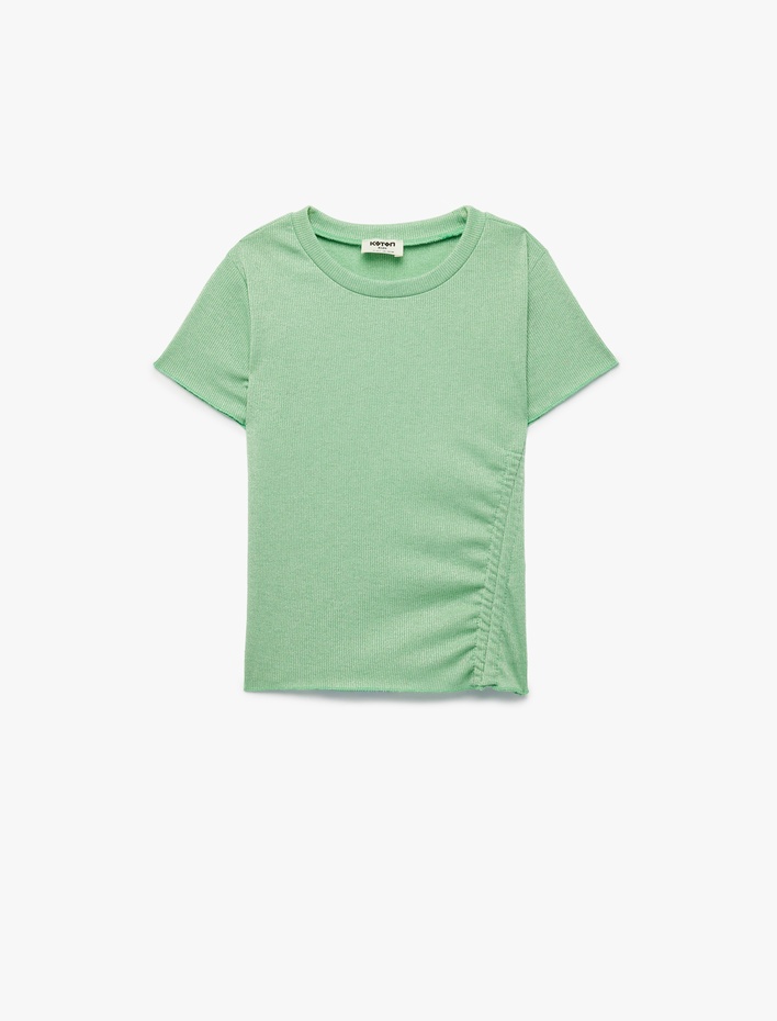 Kız Çocuk Simli Kısa Kollu Bisiklet Yaka Büzgülü Crop Tişört