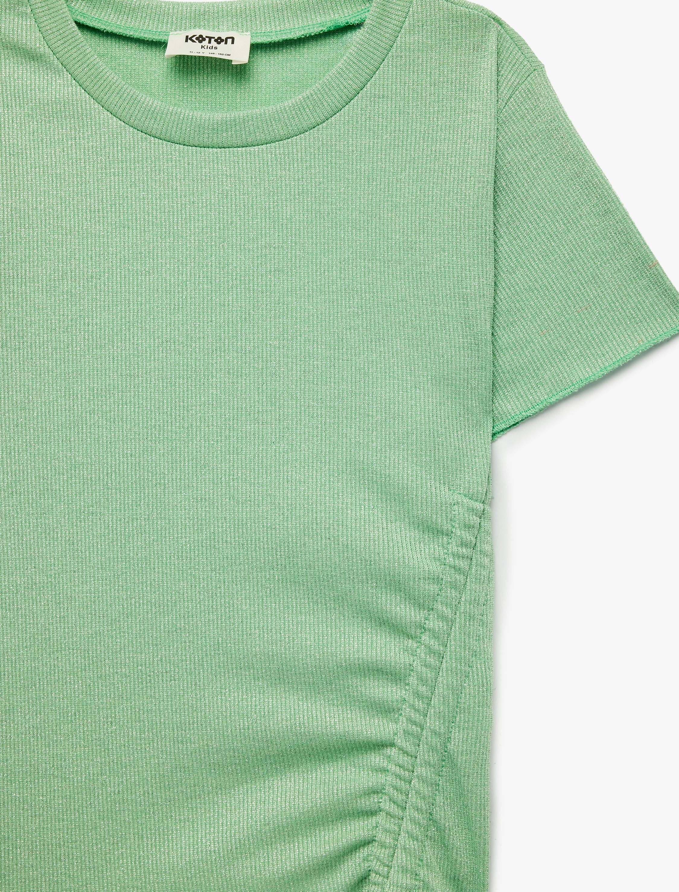  Kız Çocuk Simli Kısa Kollu Bisiklet Yaka Büzgülü Crop Tişört