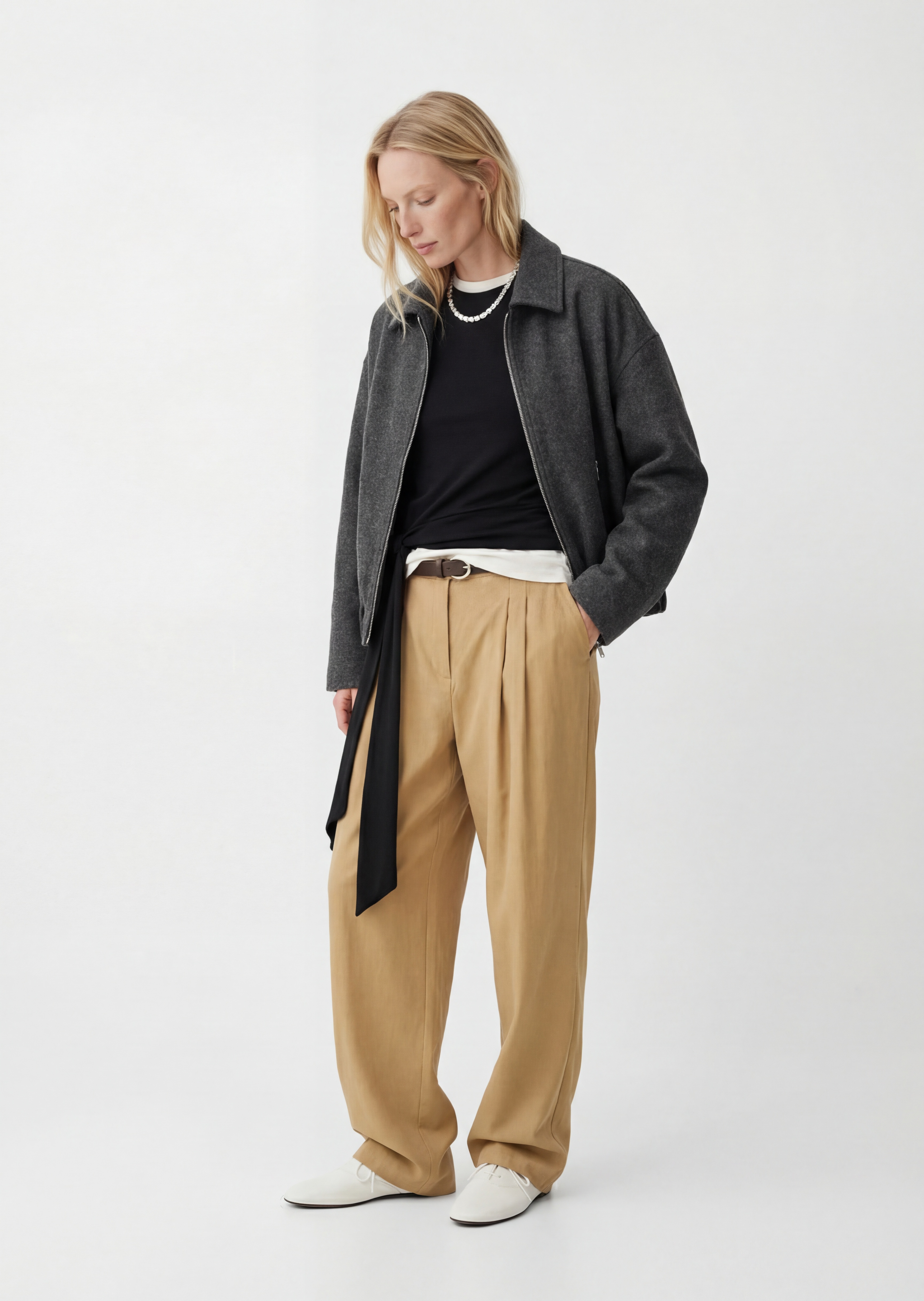   Cepli Fermuarlı Uzun Kollu Oversize Kaşe Bomber Ceket