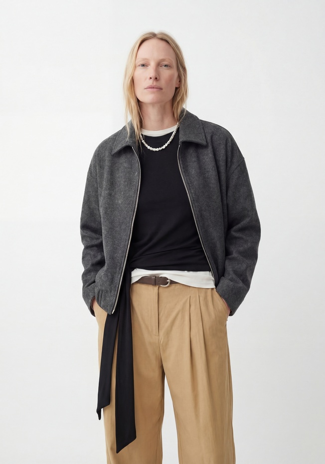  Cepli Fermuarlı Uzun Kollu Oversize Kaşe Bomber Ceket