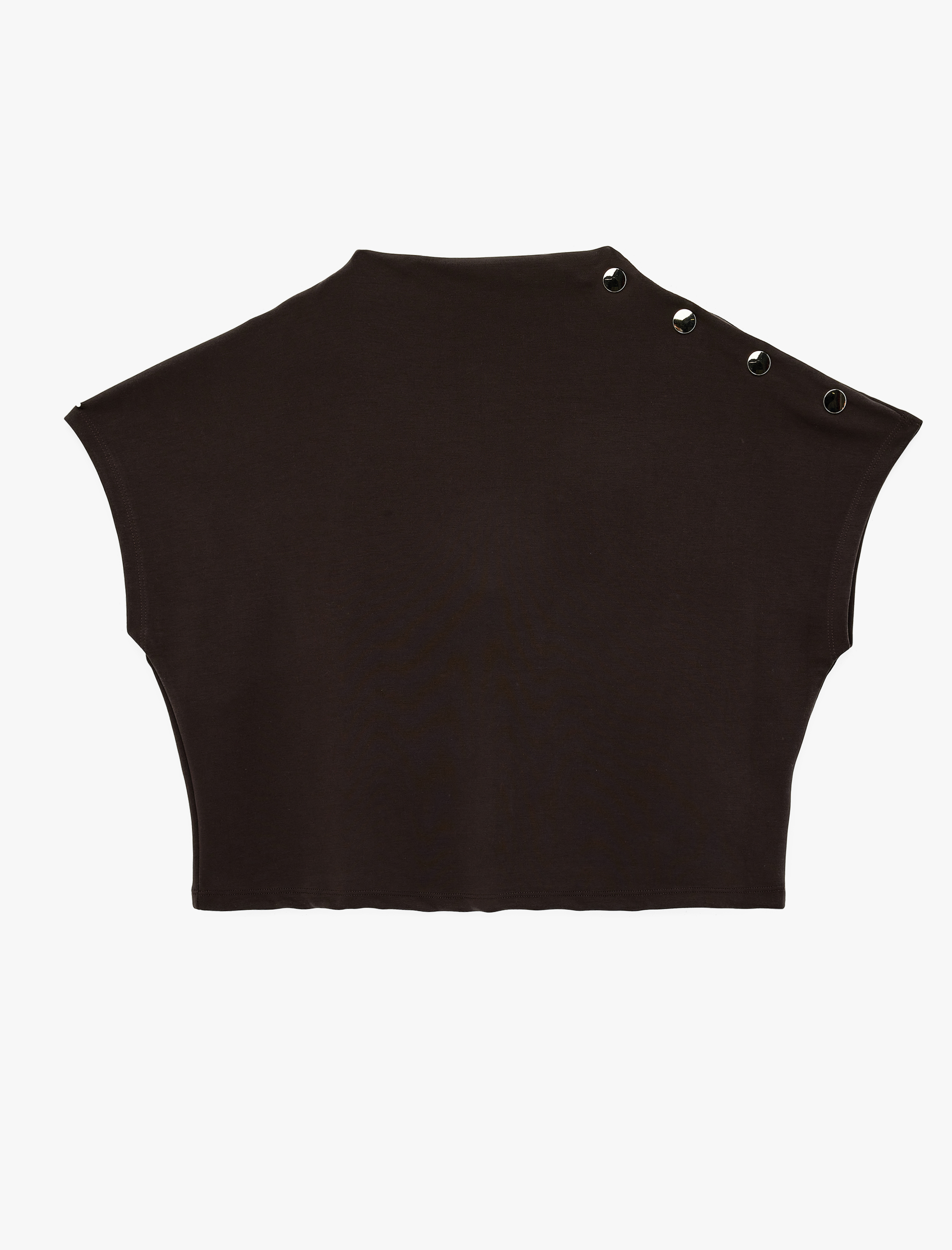   Modal Kumaş Aksesuar Düğme Detaylı Hafif Dik Yaka Kolsuz Tişört