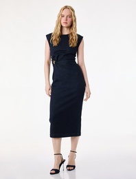 Kolsuz Bisiklet Yaka Arkası Yırtmaçlı Metal Aksesuarlı Midi Denim Elbise