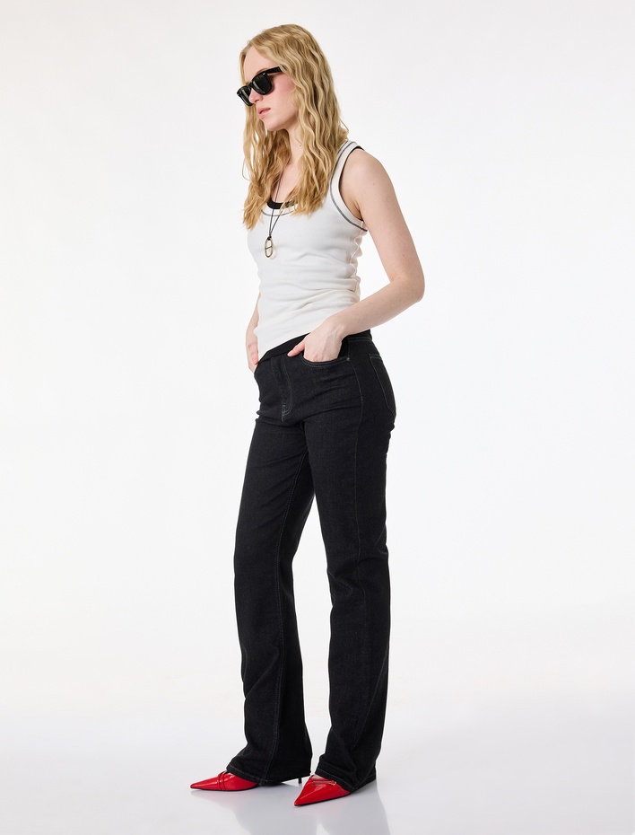  Yüksek Bel Slim Fit Düğmeli İspanyol Paça Denim Pantolon - Flare Jeans