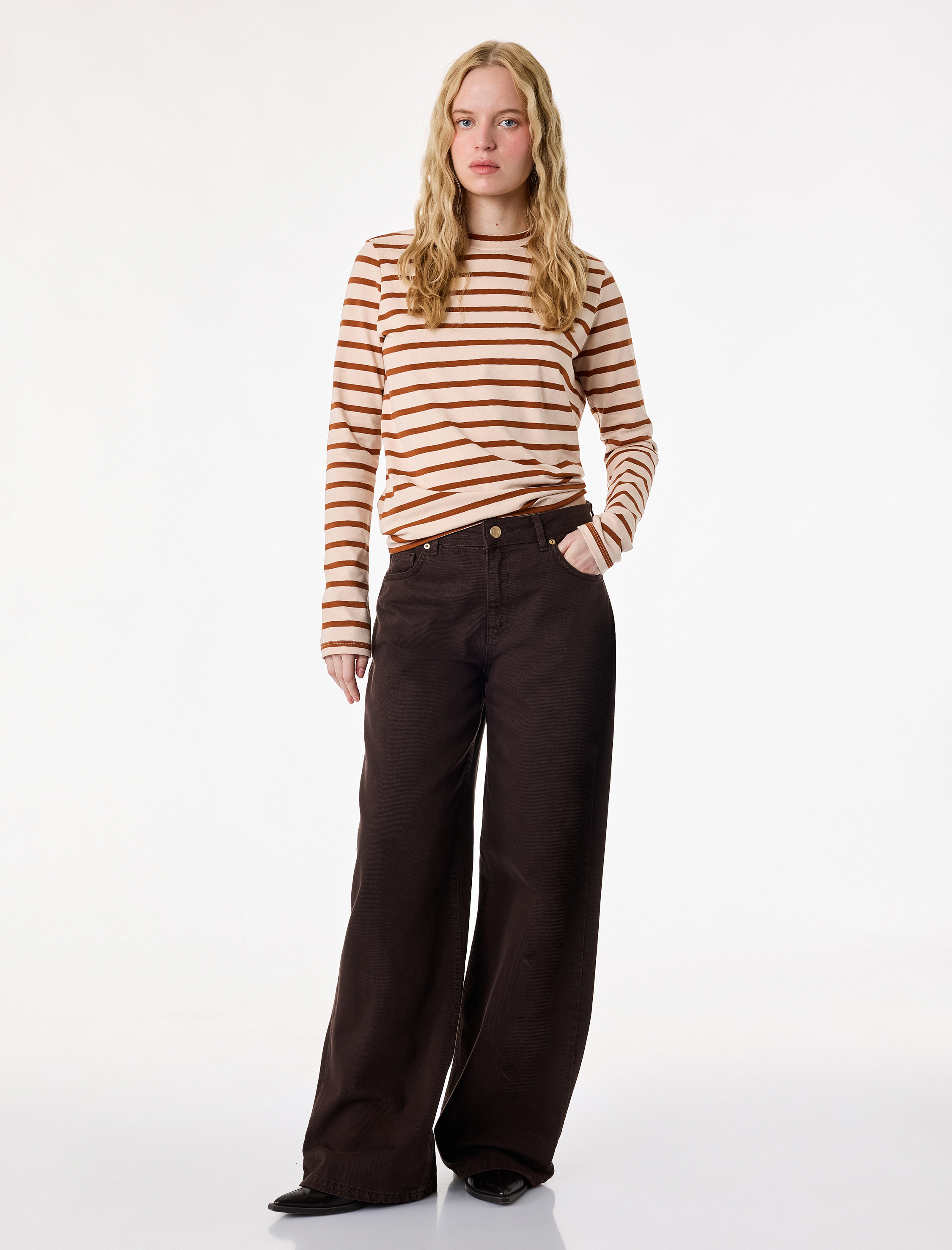   Pamuklu Bisiklet Yaka Uzun Kollu Çizgili Tişört