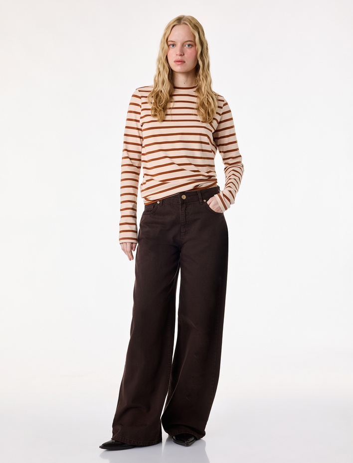  Pamuklu Bisiklet Yaka Uzun Kollu Çizgili Tişört