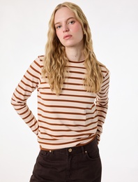 Pamuklu Bisiklet Yaka Uzun Kollu Çizgili Tişört