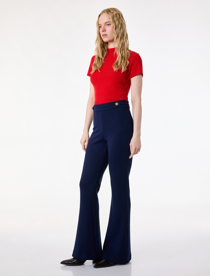  Dar Kalıp Aksesuar Düğme Detaylı İspanyol Paça Kumaş Pantolon