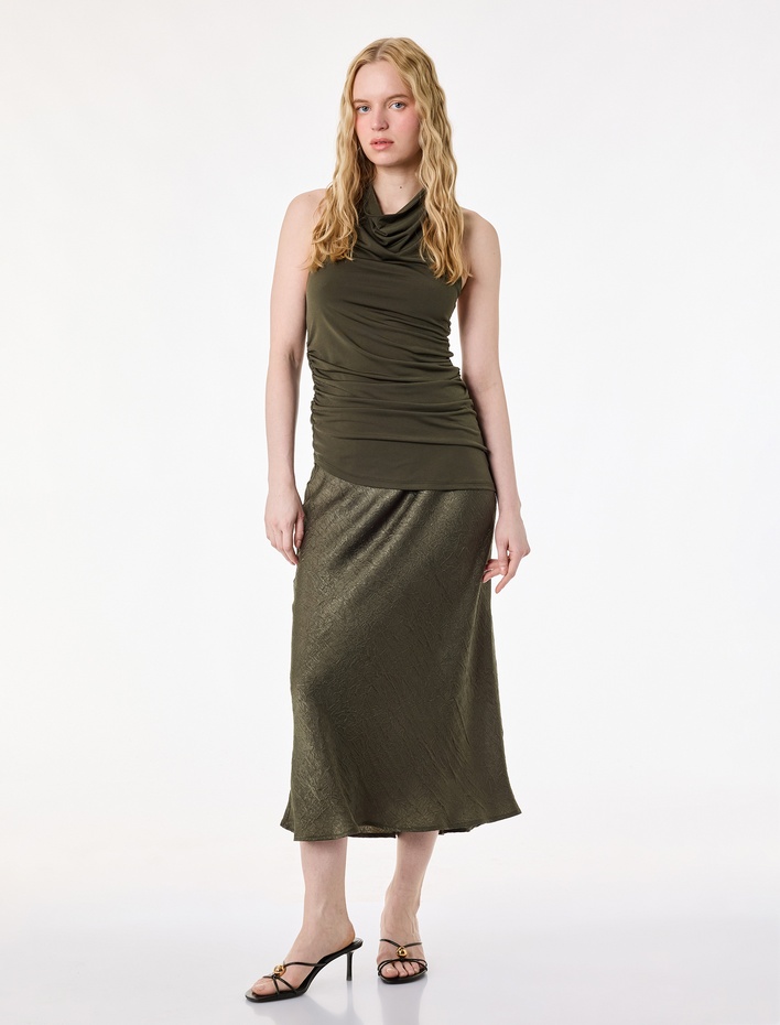  Balık Kesim Slim Fit Dokulu Midi Saten Etek