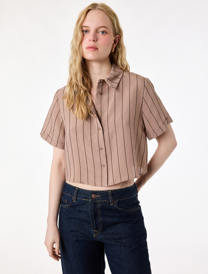  Modal Kumaş Kısa Kollu Çizgili Crop Gömlek