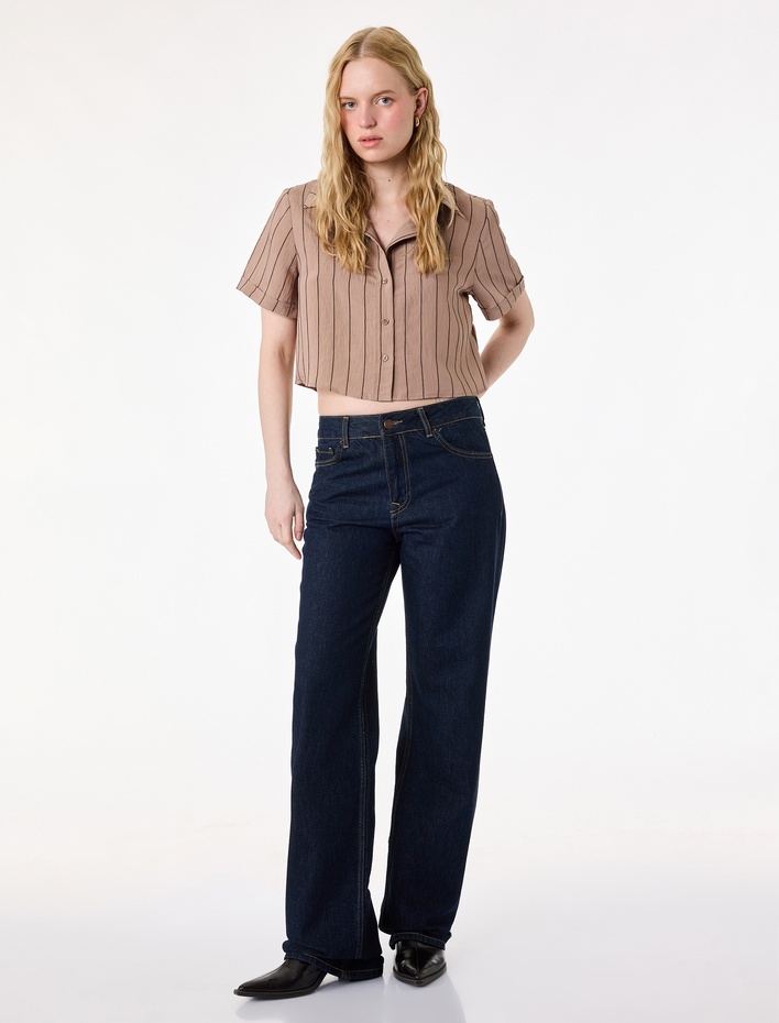  Modal Kumaş Kısa Kollu Çizgili Crop Gömlek