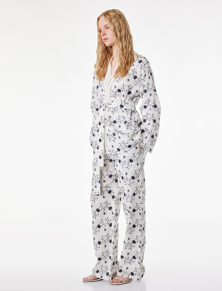  Pamuklu Cepli Yüksek Bel Düz Bol Paça Desenli Brode Pantolon