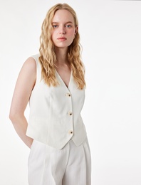 V Yaka Kolsuz Düğmeli Cep Detaylı Keten Karışımlı Yelek