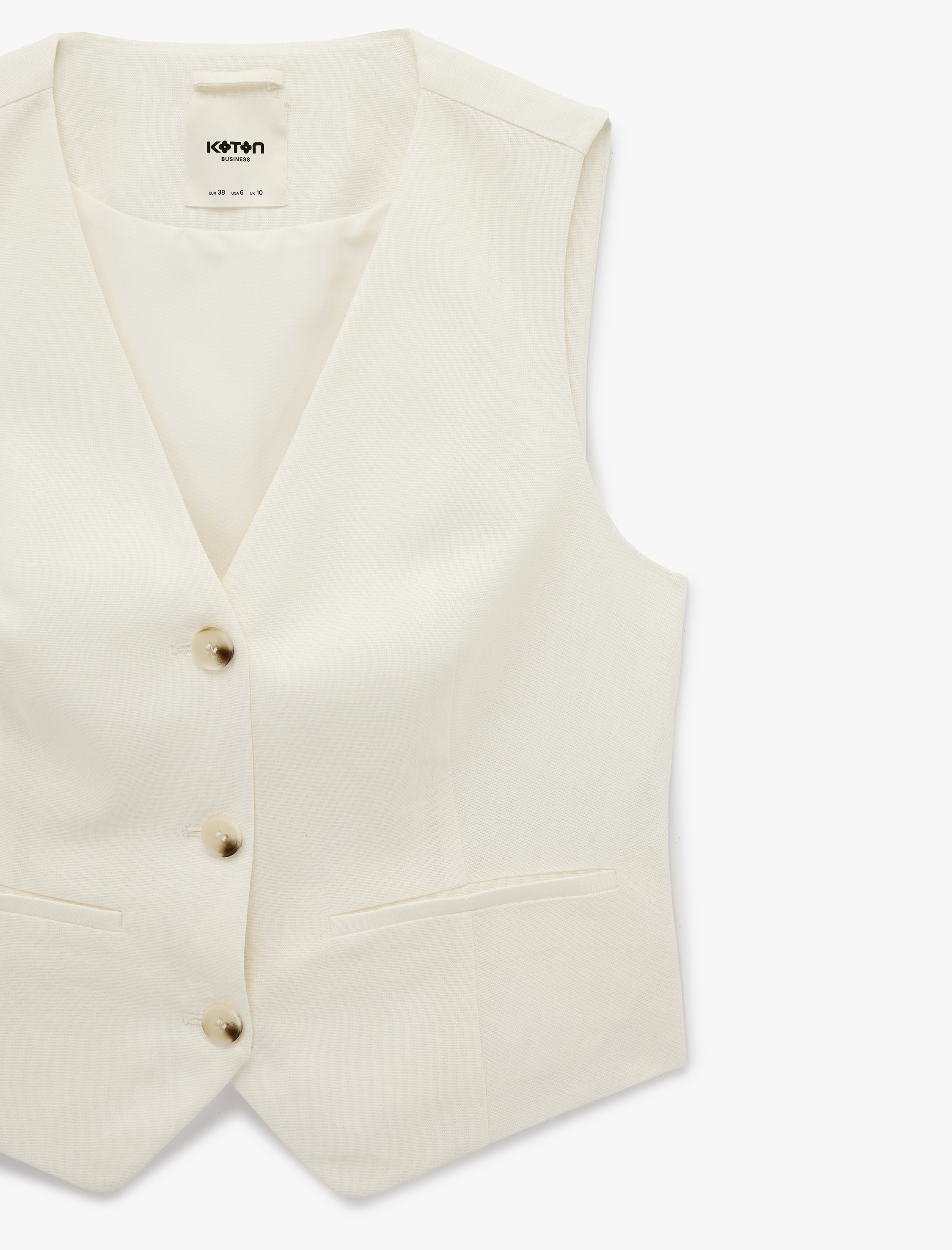   V Yaka Kolsuz Düğmeli Cep Detaylı Keten Karışımlı Yelek