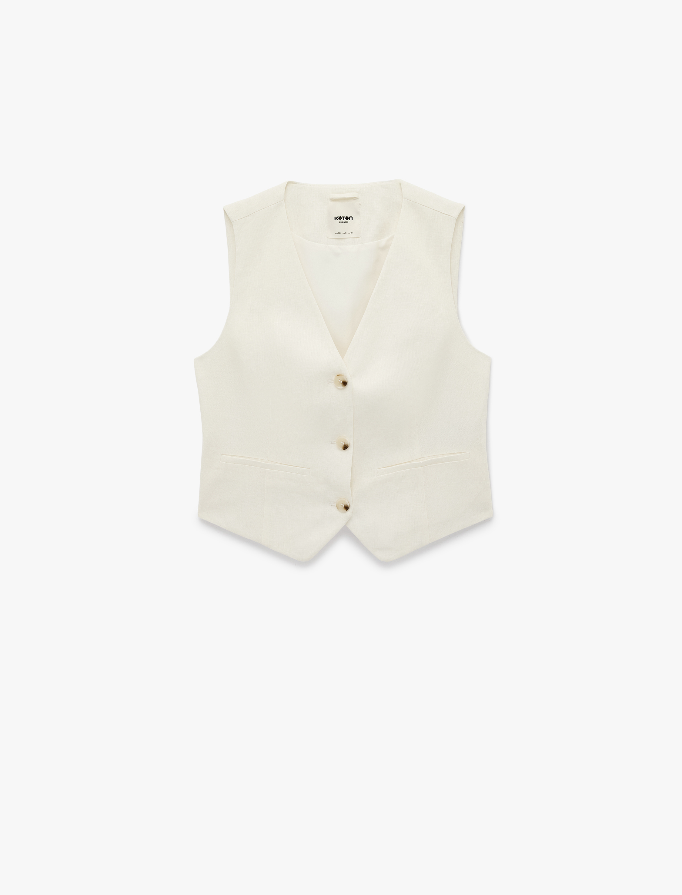   V Yaka Kolsuz Düğmeli Cep Detaylı Keten Karışımlı Yelek