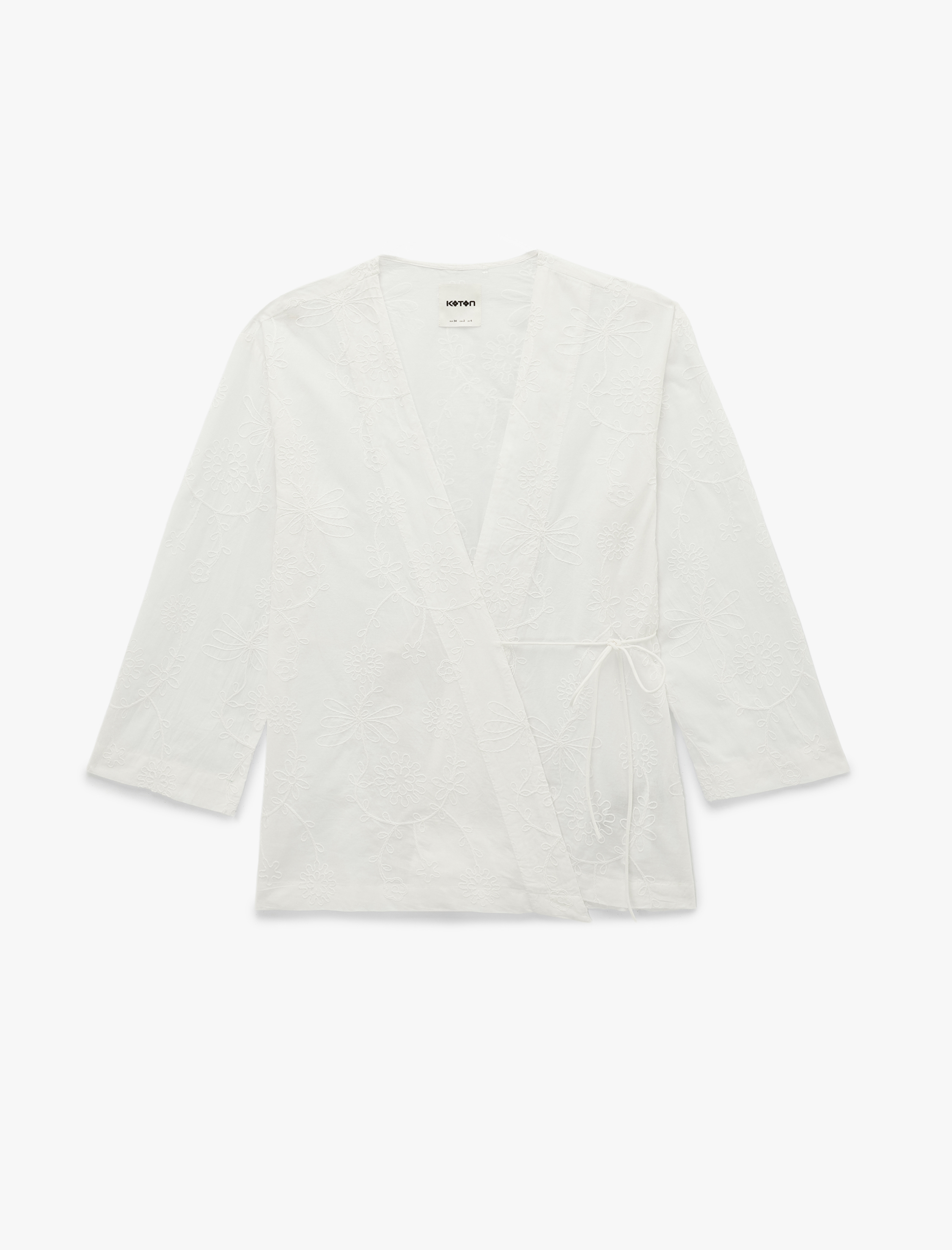   Pamuklu Uzun Kollu Kruvaze Bağlama Detaylı Brodeli Kimono Ceket