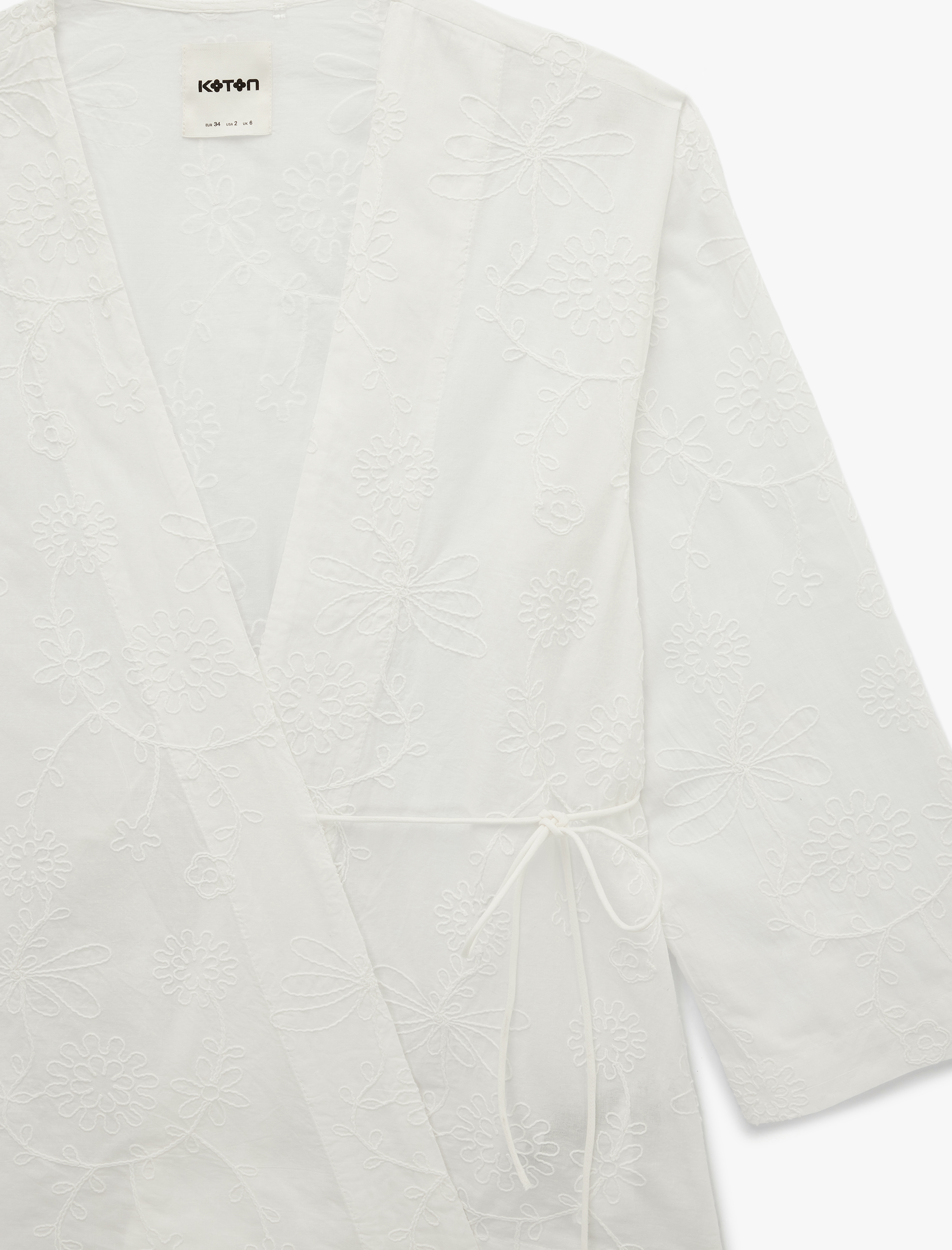   Pamuklu Uzun Kollu Kruvaze Bağlama Detaylı Brodeli Kimono Ceket