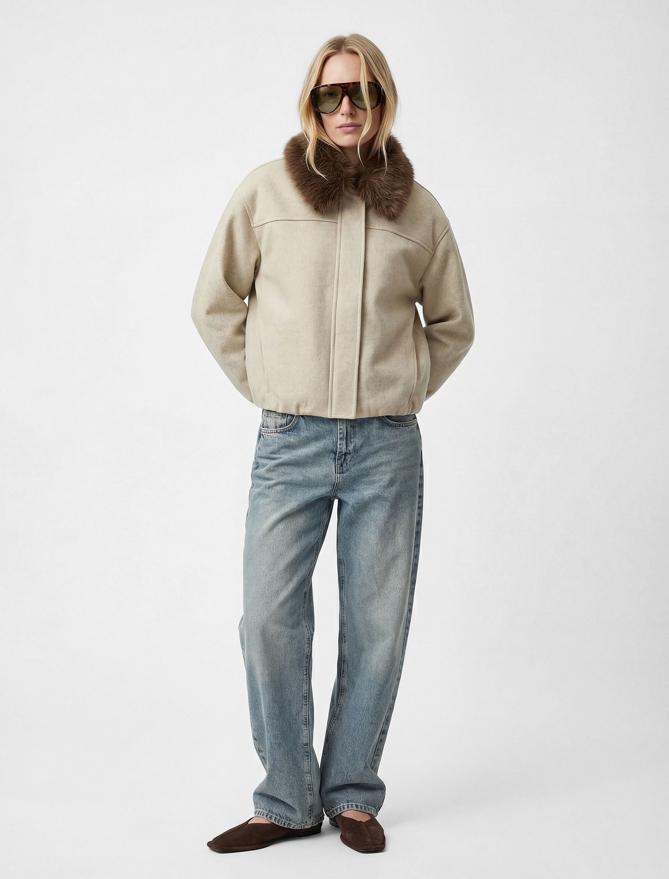   Uzun Kollu Cepli Çıkarılabilir Suni Kürk Yaka Kaşe Crop Bomber Ceket