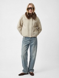 Uzun Kollu Cepli Çıkarılabilir Suni Kürk Yaka Kaşe Crop Bomber Ceket