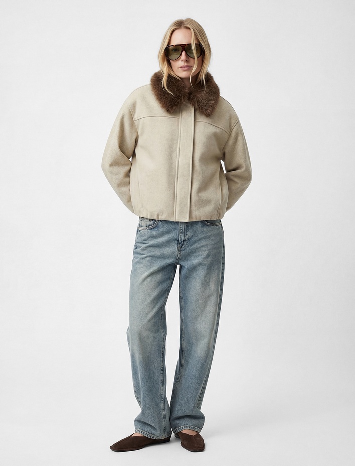  Uzun Kollu Cepli Çıkarılabilir Suni Kürk Yaka Kaşe Crop Bomber Ceket