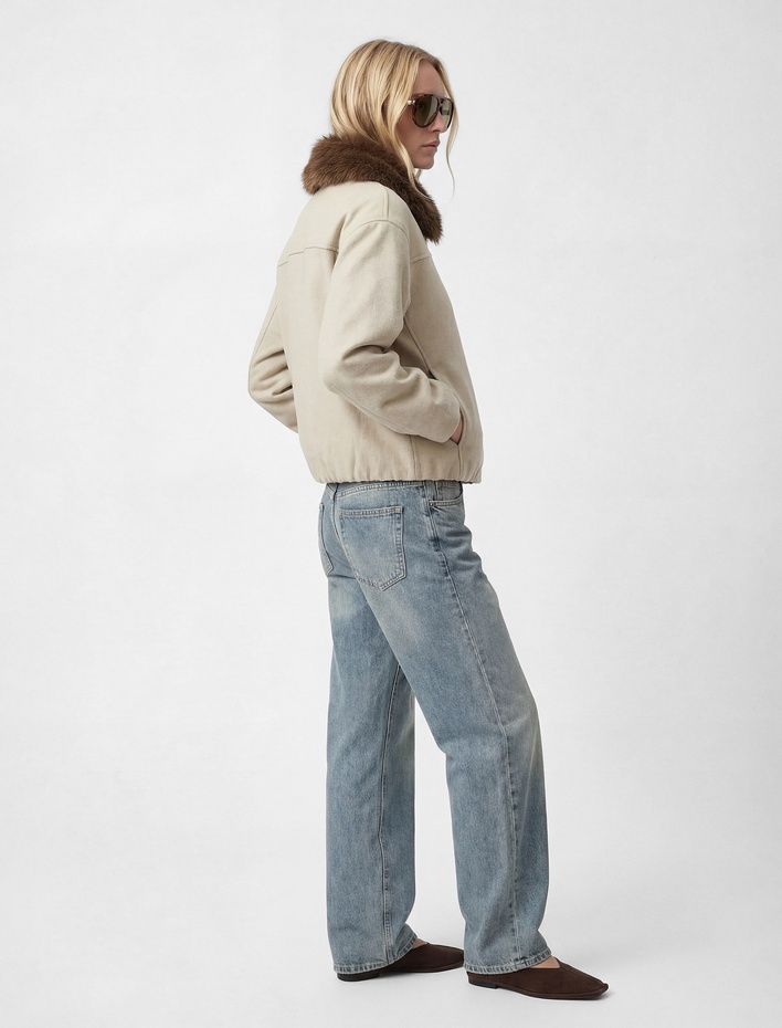  Uzun Kollu Cepli Çıkarılabilir Suni Kürk Yaka Kaşe Crop Bomber Ceket