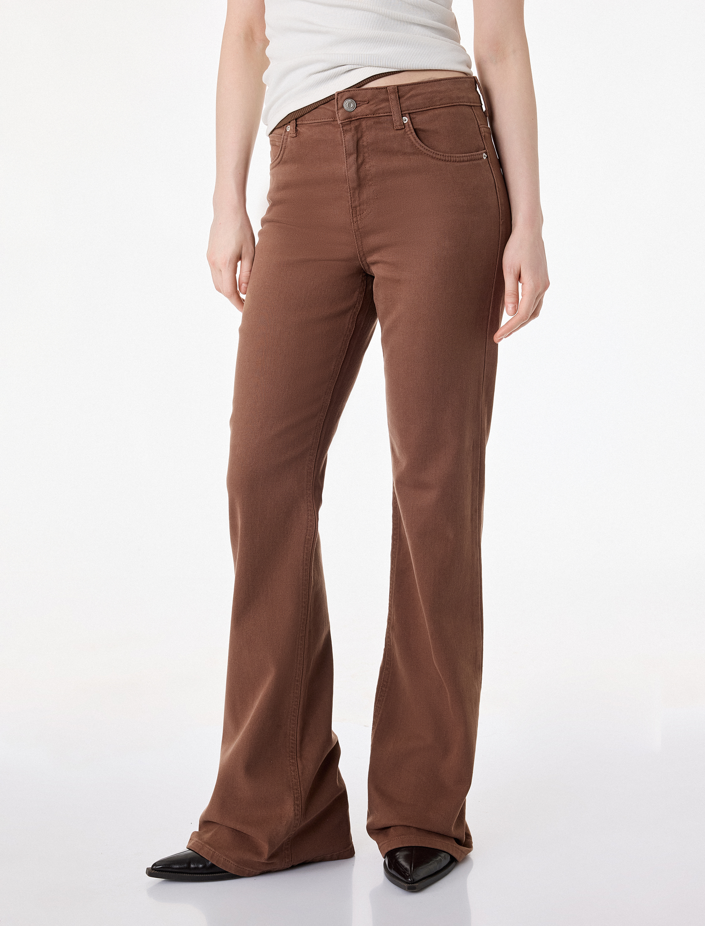   Yüksek Bel Slim Fit Cepli Düğmeli Pamuklu İspanyol Paça Denim Pantolon - Flare Jeans