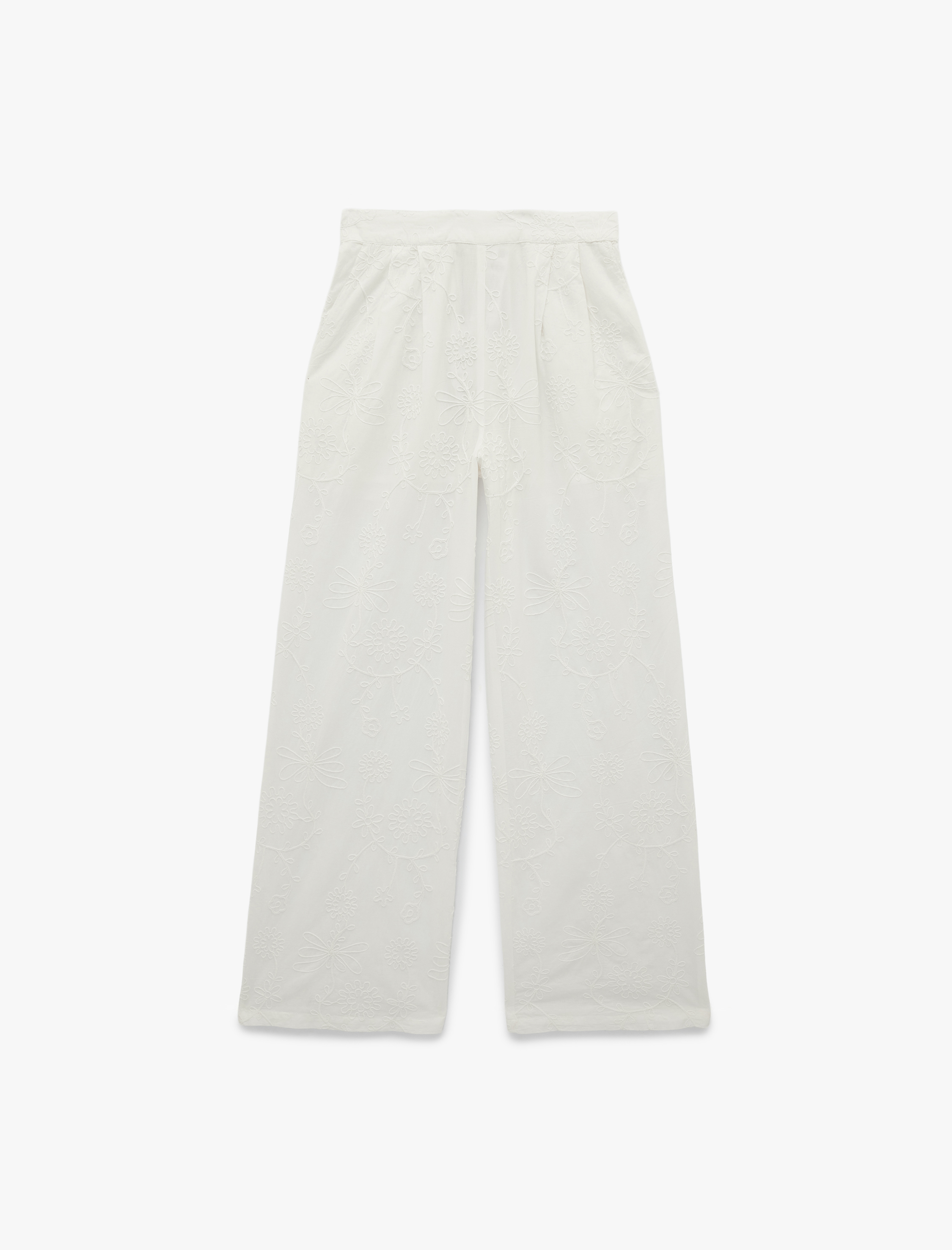   Pamuklu Cepli Yüksek Bel Düz Geniş Paça Brodeli Pantolon