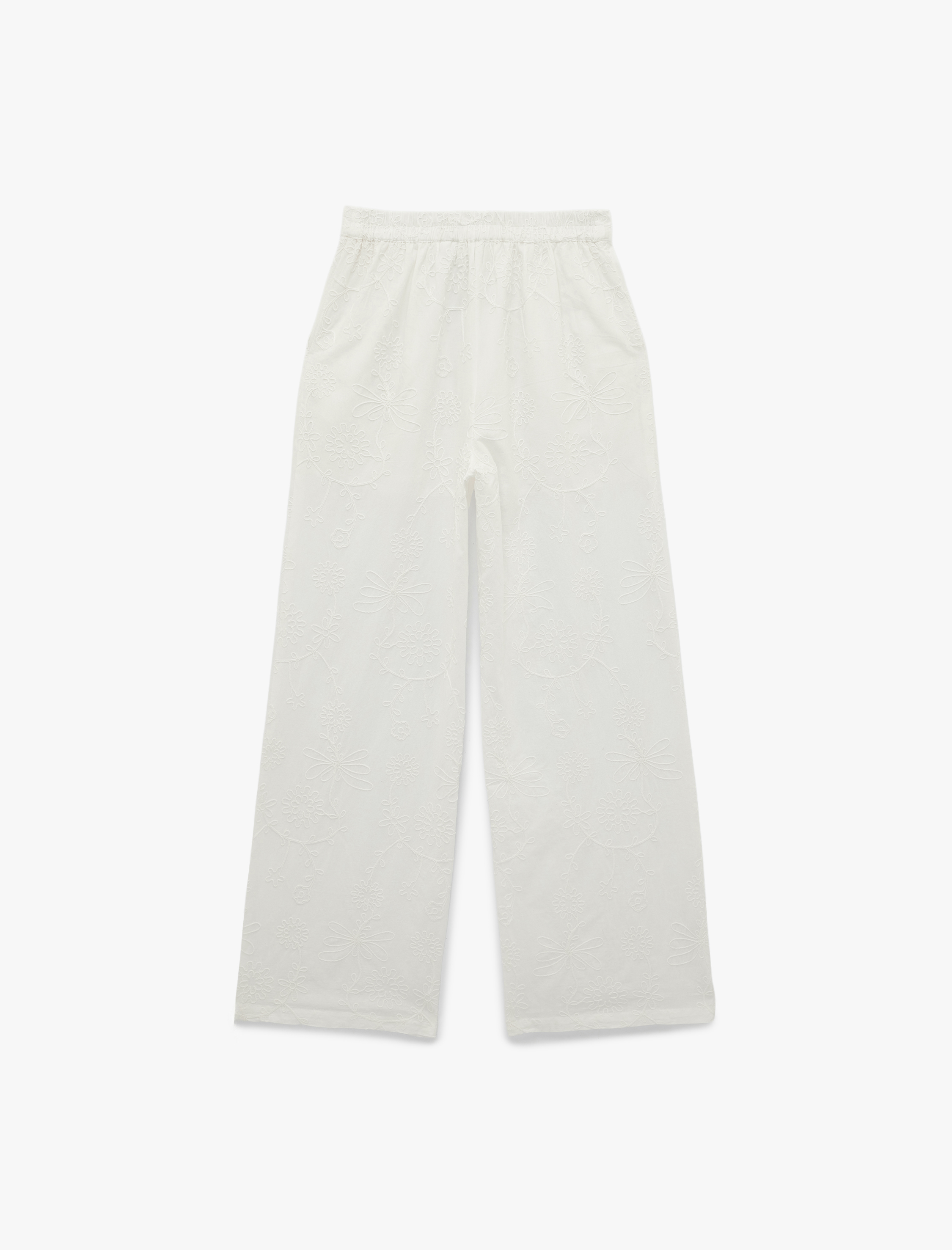   Pamuklu Cepli Yüksek Bel Düz Geniş Paça Brodeli Pantolon